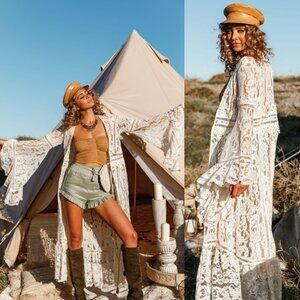 🕊️ Free People Rhiannon Lace Maxi Dress kimono | Boho Sheer Cardigan Gown |